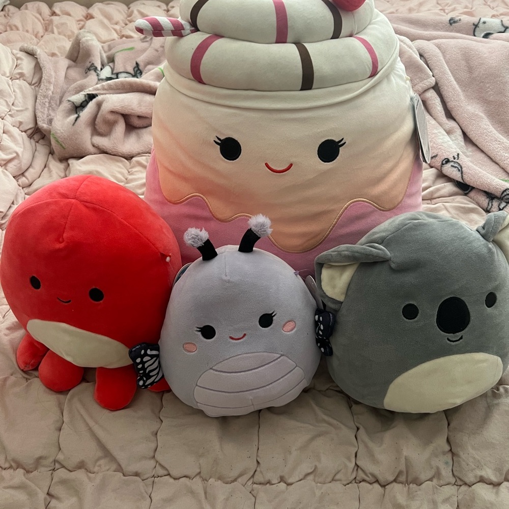 Adorable Plush Toy Trio - Red, Gray, and Cream